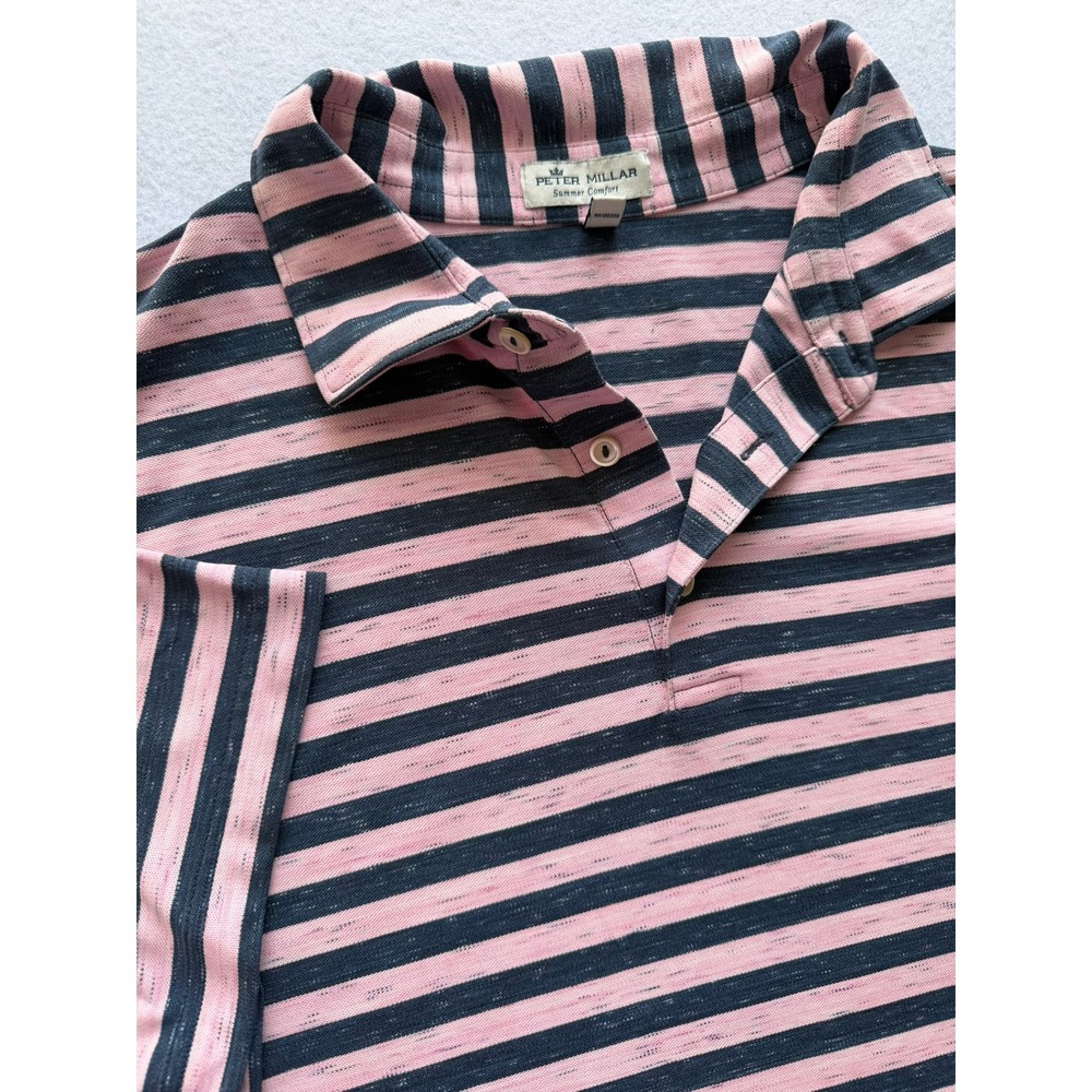 Peter Millar Summer Comfort Polo Shirt Mens XXL Pink Navy Blue Striped Golf Top